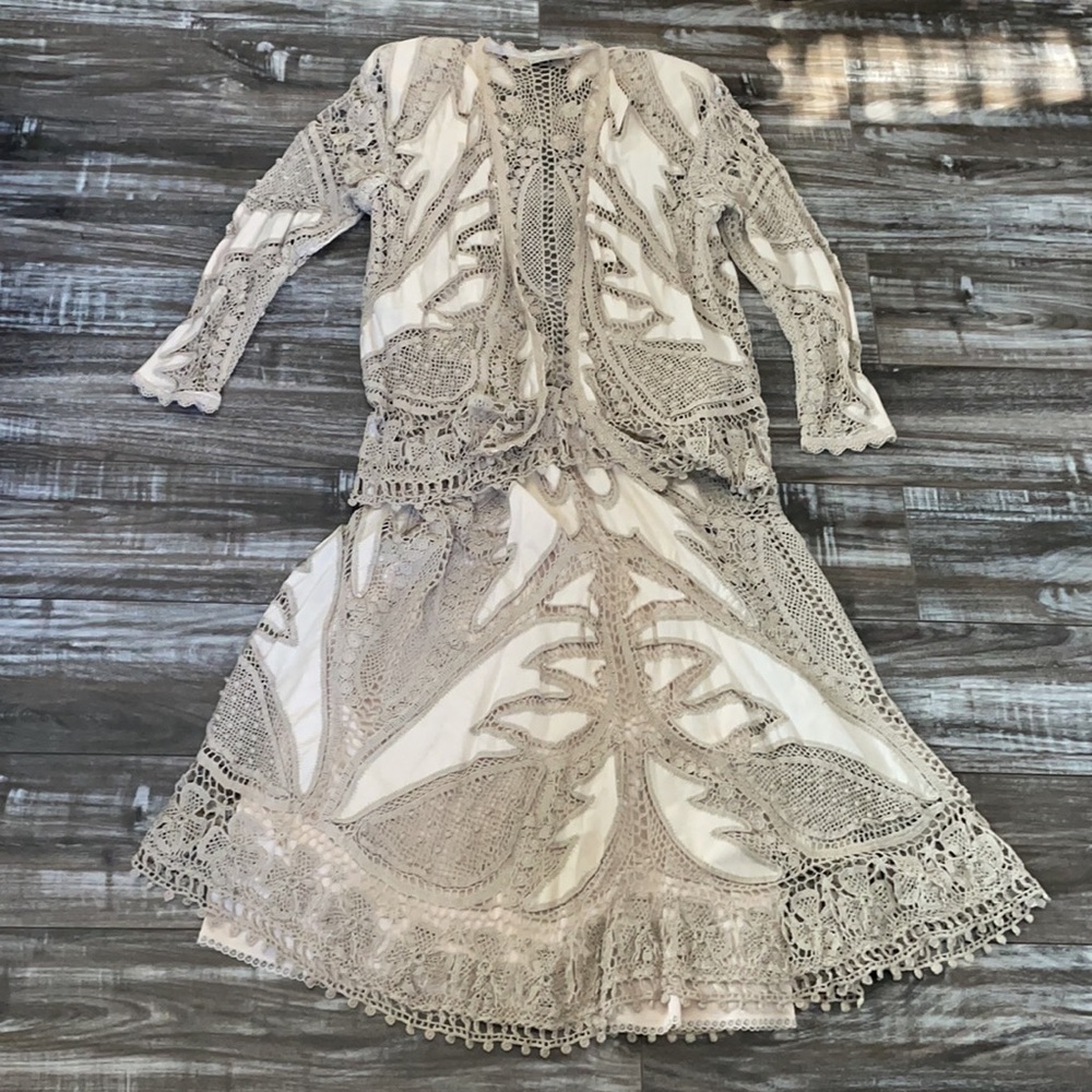 Boho Crochet Lace Duster Cardigan Kimono Neutral Beige Festival Layering Piece - Picture 10 of 11